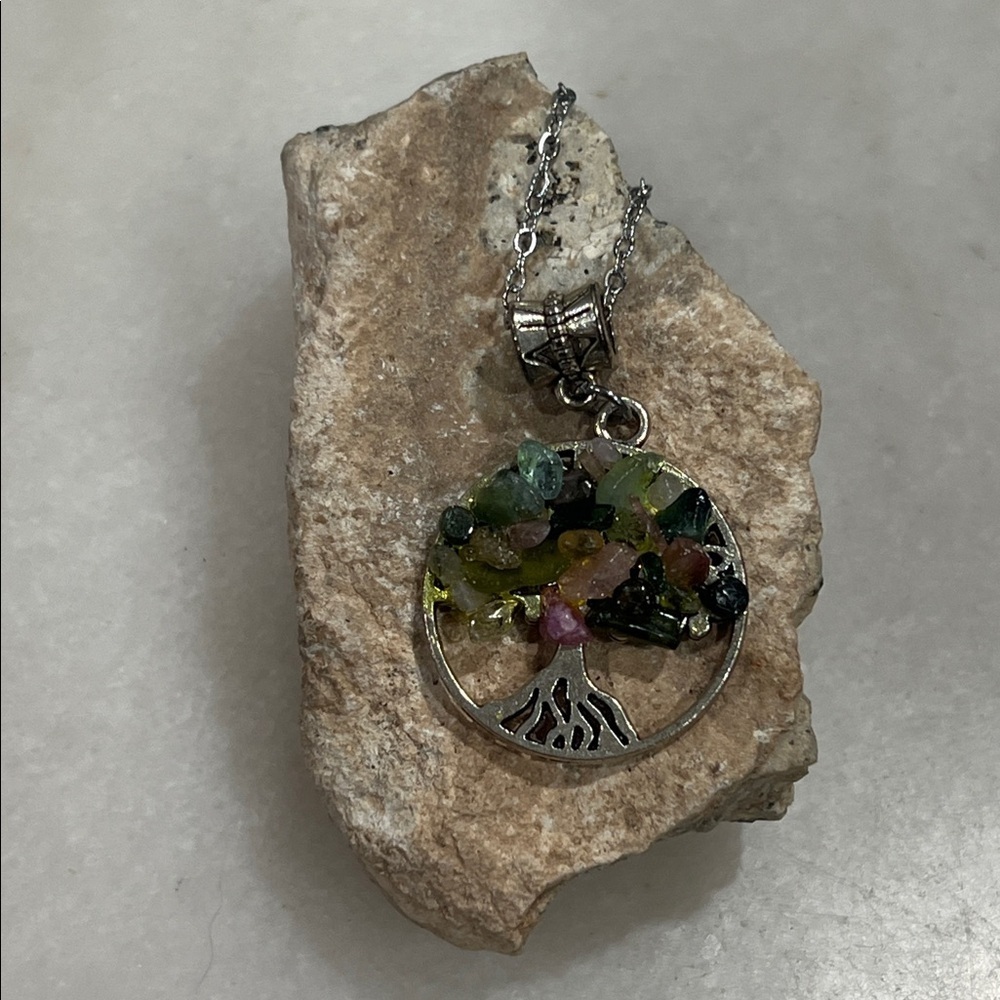 Elbaite Gemstone Silver Tree Pendant Necklace